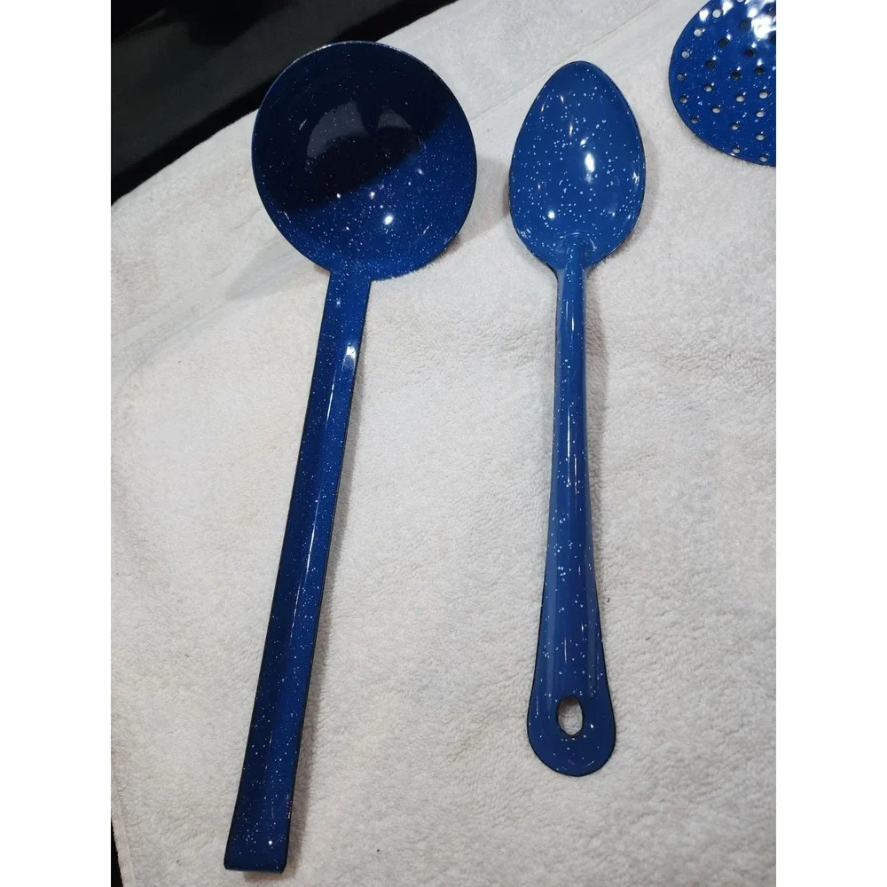 Vintage~Enamel lot~chuckwagon~blue metal splatterware~Skimmer~ Ladle~2 Spoons